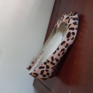 Steve Madden Leather Calf Hair Leopard Print Open Toed Low Wedge Shoes